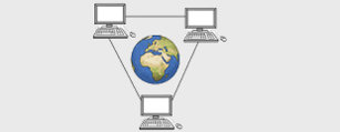 Das Bild zeigt eine Weltkugel und drei Computer. Die Computer sind miteinander verbunden.