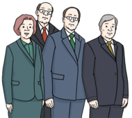Das Bild zeigt drei Männer und eine Frau. Die Männer und die Frau haben Anzüge an.
